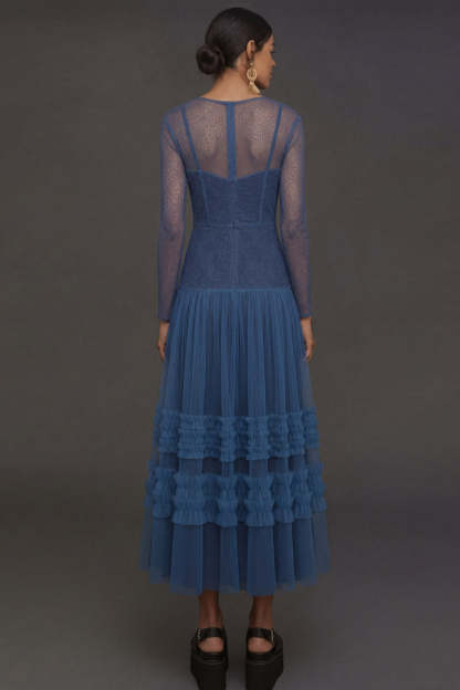 Blue A Line Illusion Neck Long Sleeves Midi Formal Dress