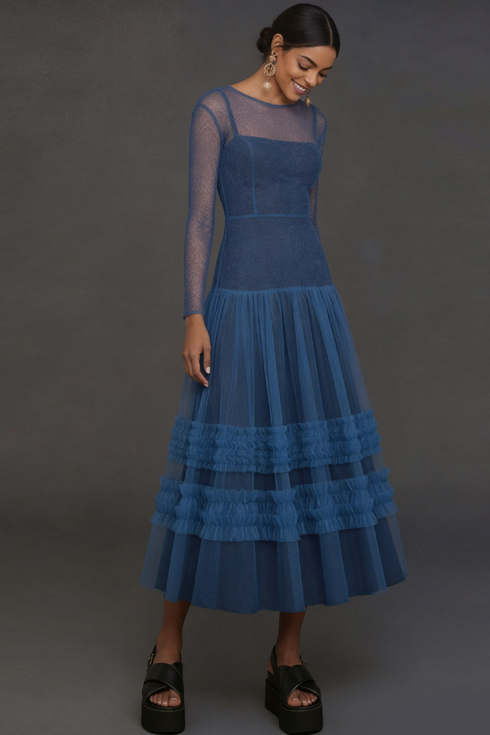 Blue A Line Illusion Neck Long Sleeves Midi Formal Dress