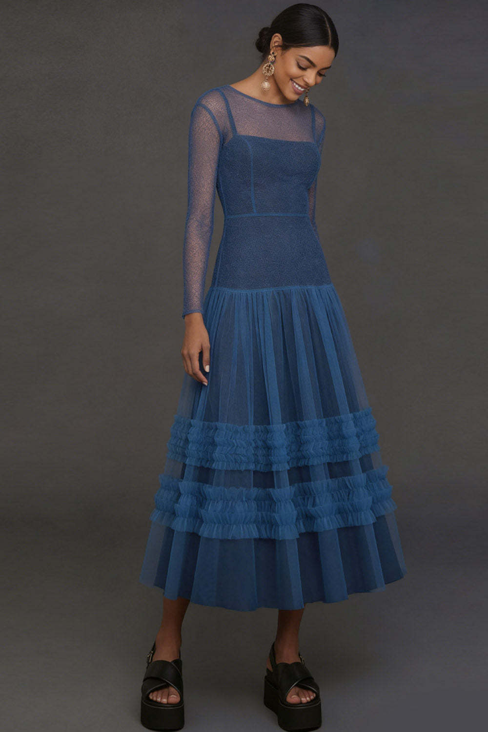 Blue A Line Illusion Neck Long Sleeves Midi Formal Dress