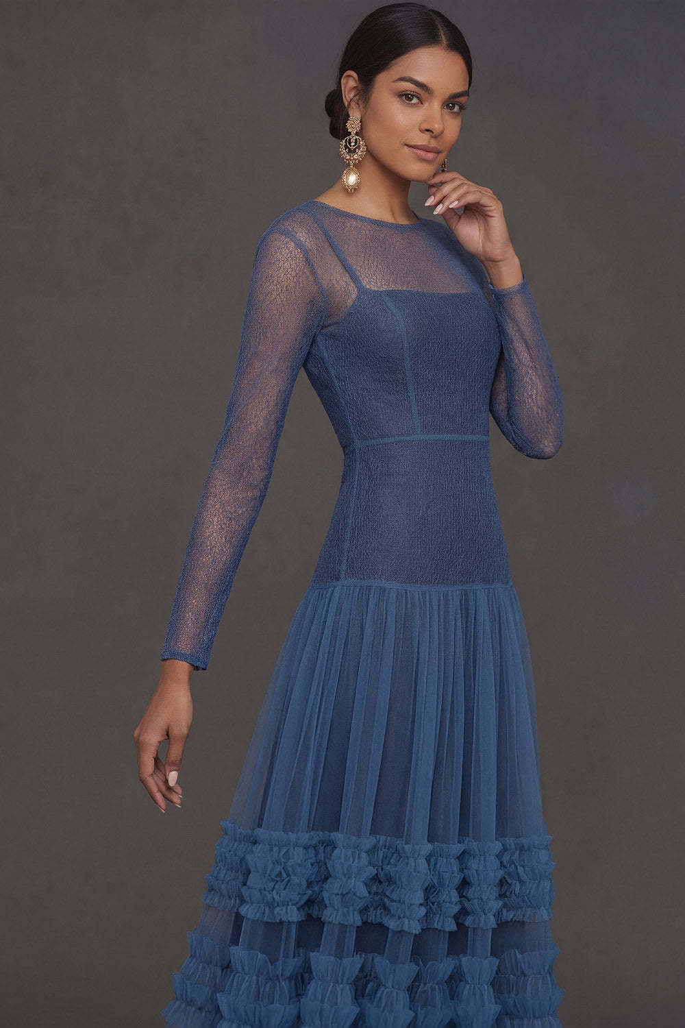 Blue A Line Illusion Neck Long Sleeves Midi Formal Dress