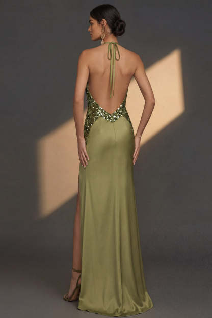 Olive Sparkly Sequined Mermaid Halter Neck Satin Long Wedding Guest Dress with Slit
