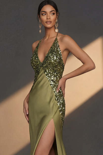 Olive Sparkly Sequined Mermaid Halter Neck Satin Long Wedding Guest Dress with Slit