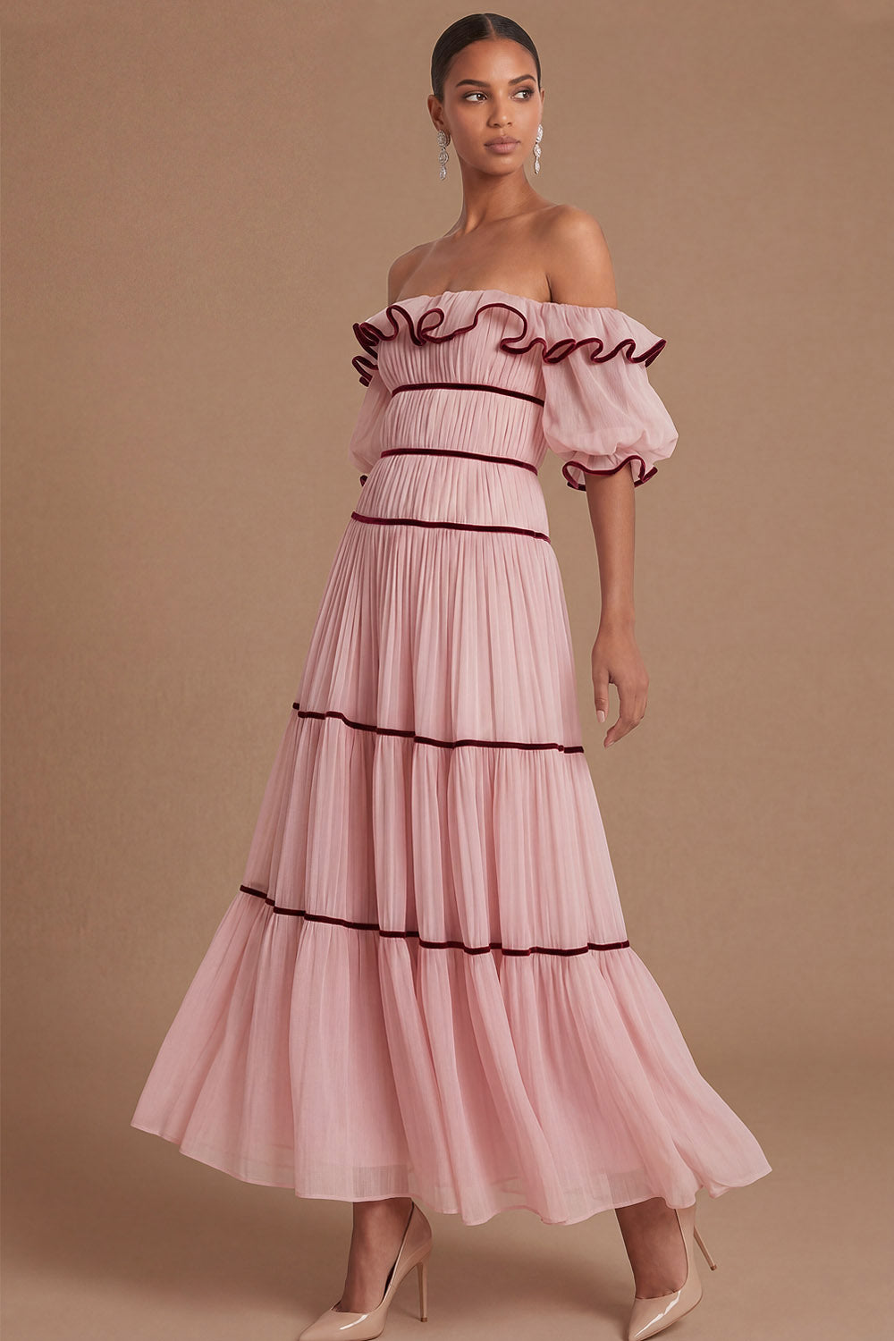 Pink A Line Ruffled Off the Shoulder Puff Sleeves Long Wedding Guest Dress