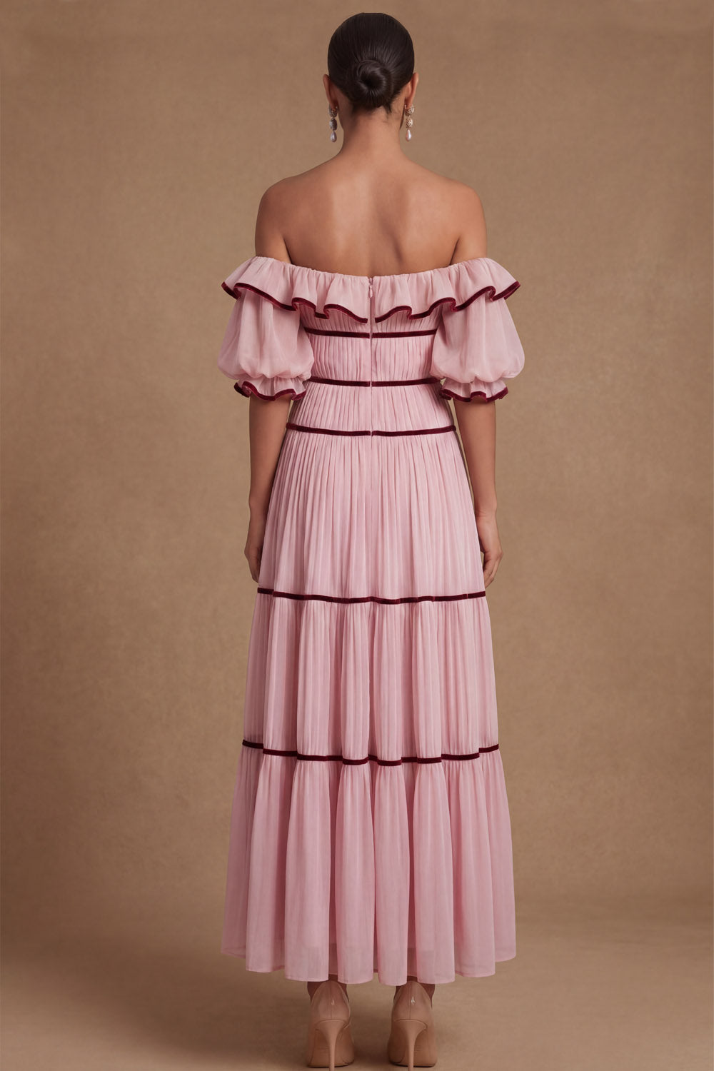 Pink A Line Ruffled Off the Shoulder Puff Sleeves Long Wedding Guest Dress
