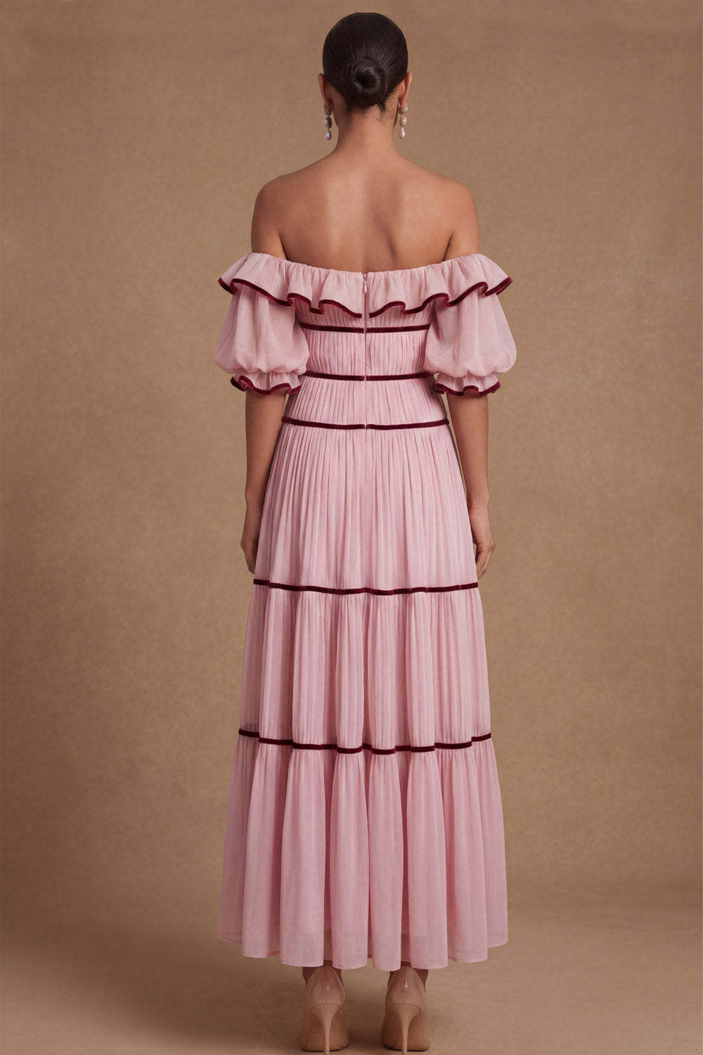 Pink A Line Ruffled Off the Shoulder Puff Sleeves Long Wedding Guest Dress