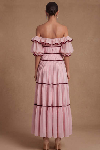 Pink A Line Ruffled Off the Shoulder Puff Sleeves Long Wedding Guest Dress