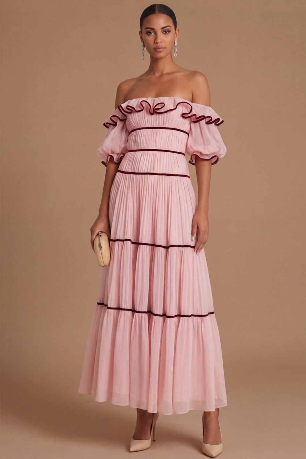 Pink A Line Ruffled Off the Shoulder Puff Sleeves Long Wedding Guest Dress
