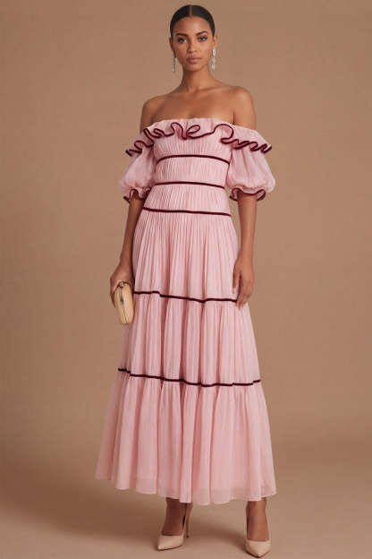 Pink A Line Ruffled Off the Shoulder Puff Sleeves Long Wedding Guest Dress