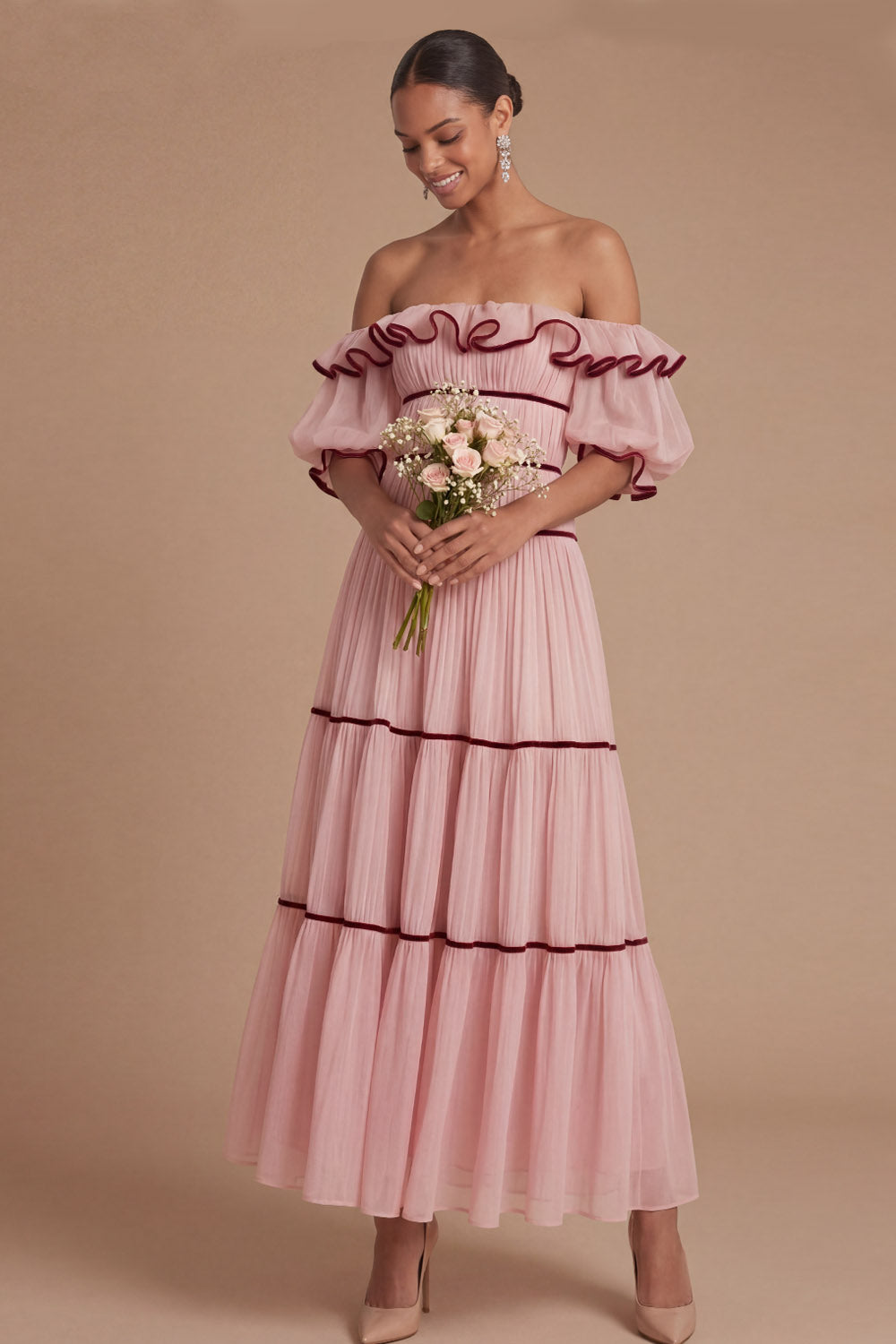 Pink A Line Ruffled Off the Shoulder Puff Sleeves Long Wedding Guest Dress