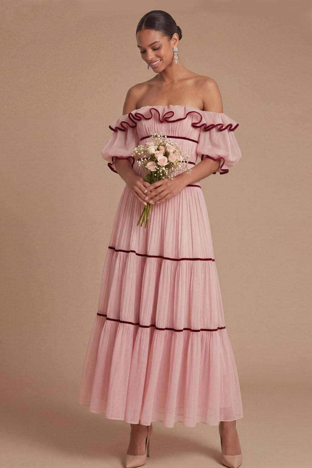 Pink A Line Ruffled Off the Shoulder Puff Sleeves Long Wedding Guest Dress
