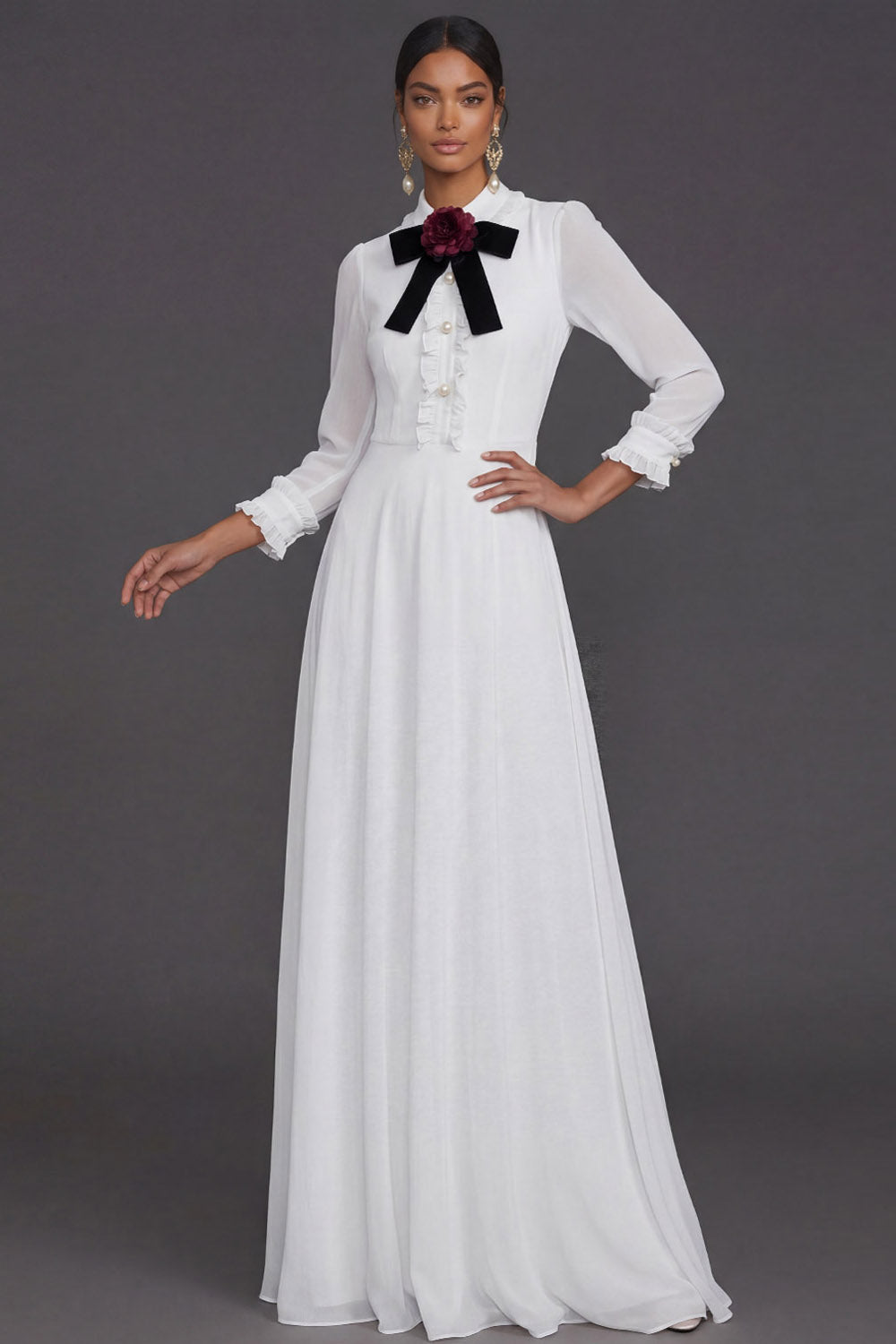 Yellow Sheath Long Sleeves Ruffled Floral Wedding Formal Dress