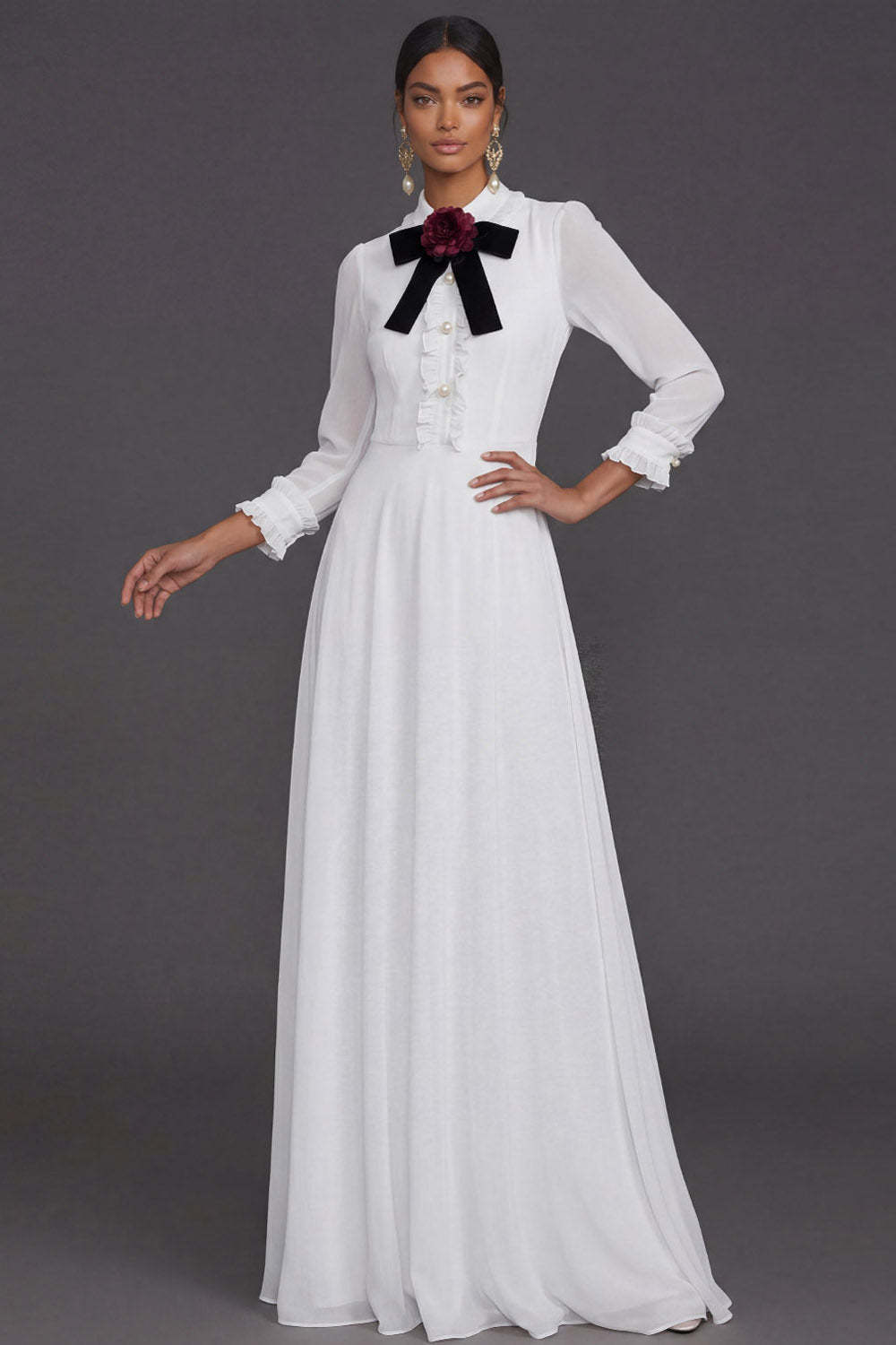 Yellow Sheath Long Sleeves Ruffled Floral Wedding Formal Dress