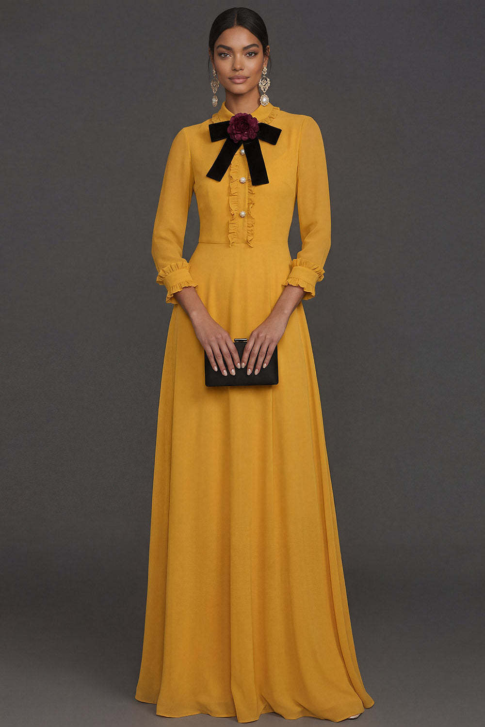 Leely Women Yellow Sheath Floral Wedding Guest Dress Ruffled Long Sleeves Evening Dress