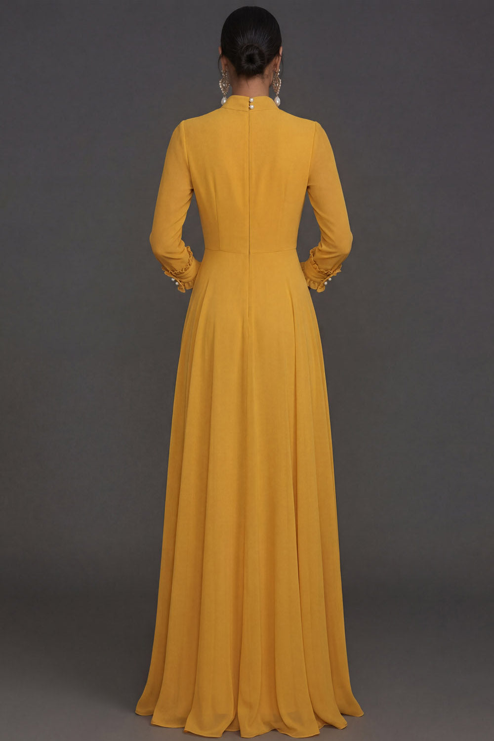 Yellow Sheath Long Sleeves Ruffled Floral Wedding Formal Dress