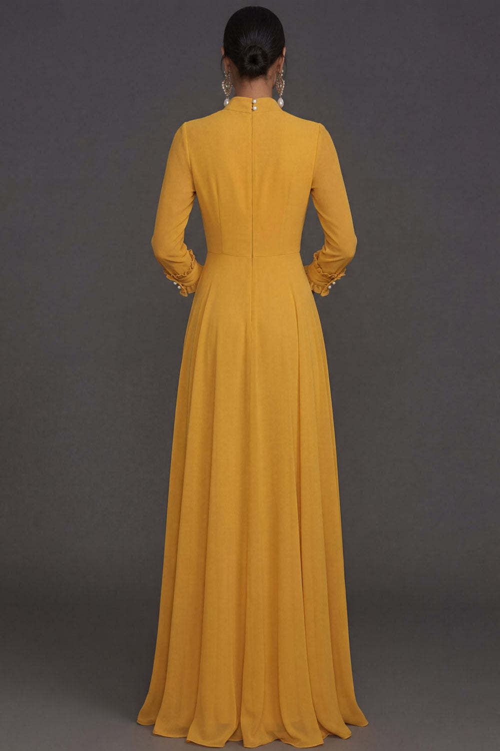 Yellow Sheath Long Sleeves Ruffled Floral Wedding Formal Dress