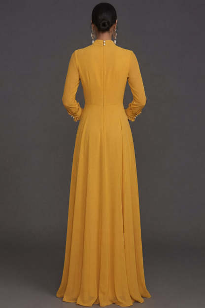 Yellow Sheath Long Sleeves Ruffled Floral Wedding Formal Dress