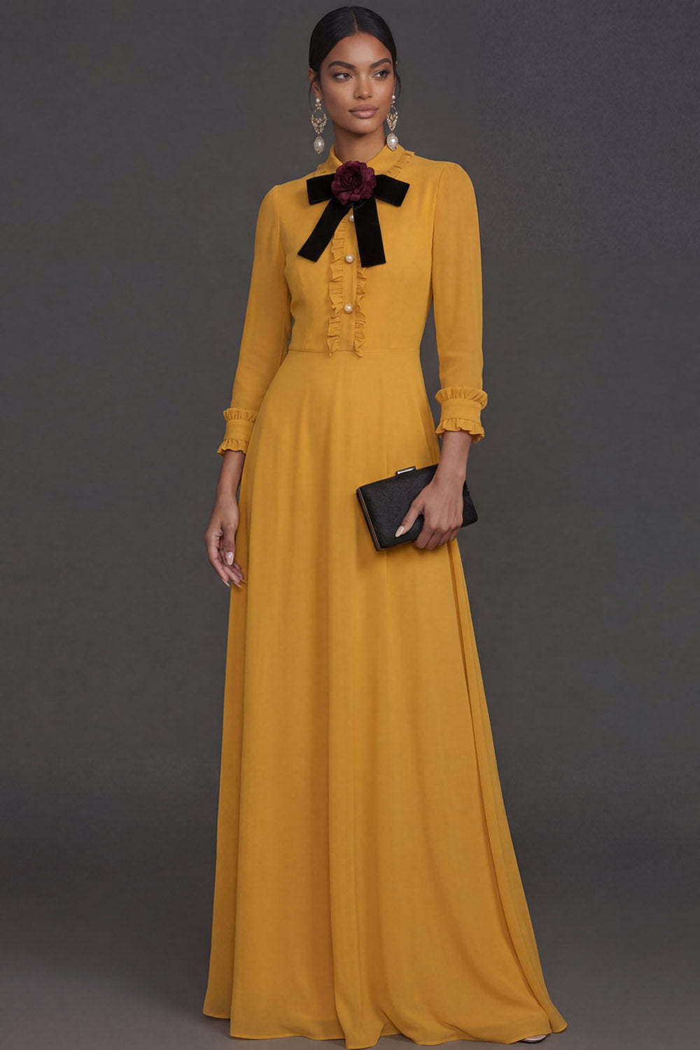 Yellow Sheath Long Sleeves Ruffled Floral Wedding Formal Dress