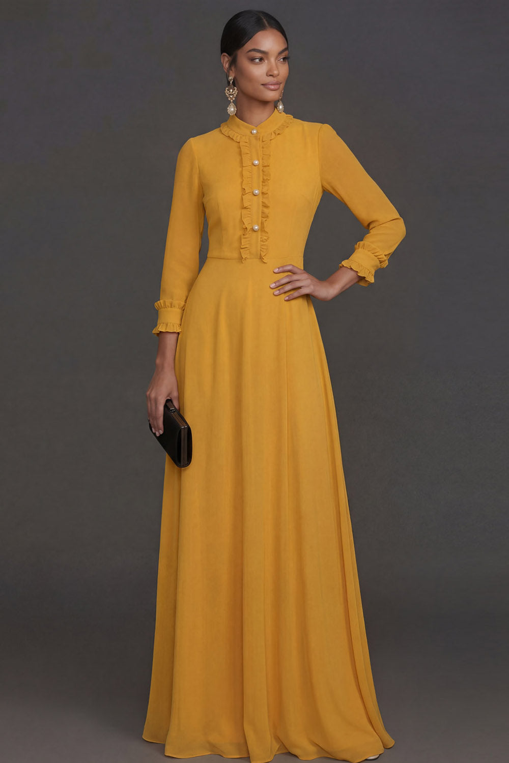 Yellow Sheath Long Sleeves Ruffled Floral Wedding Formal Dress