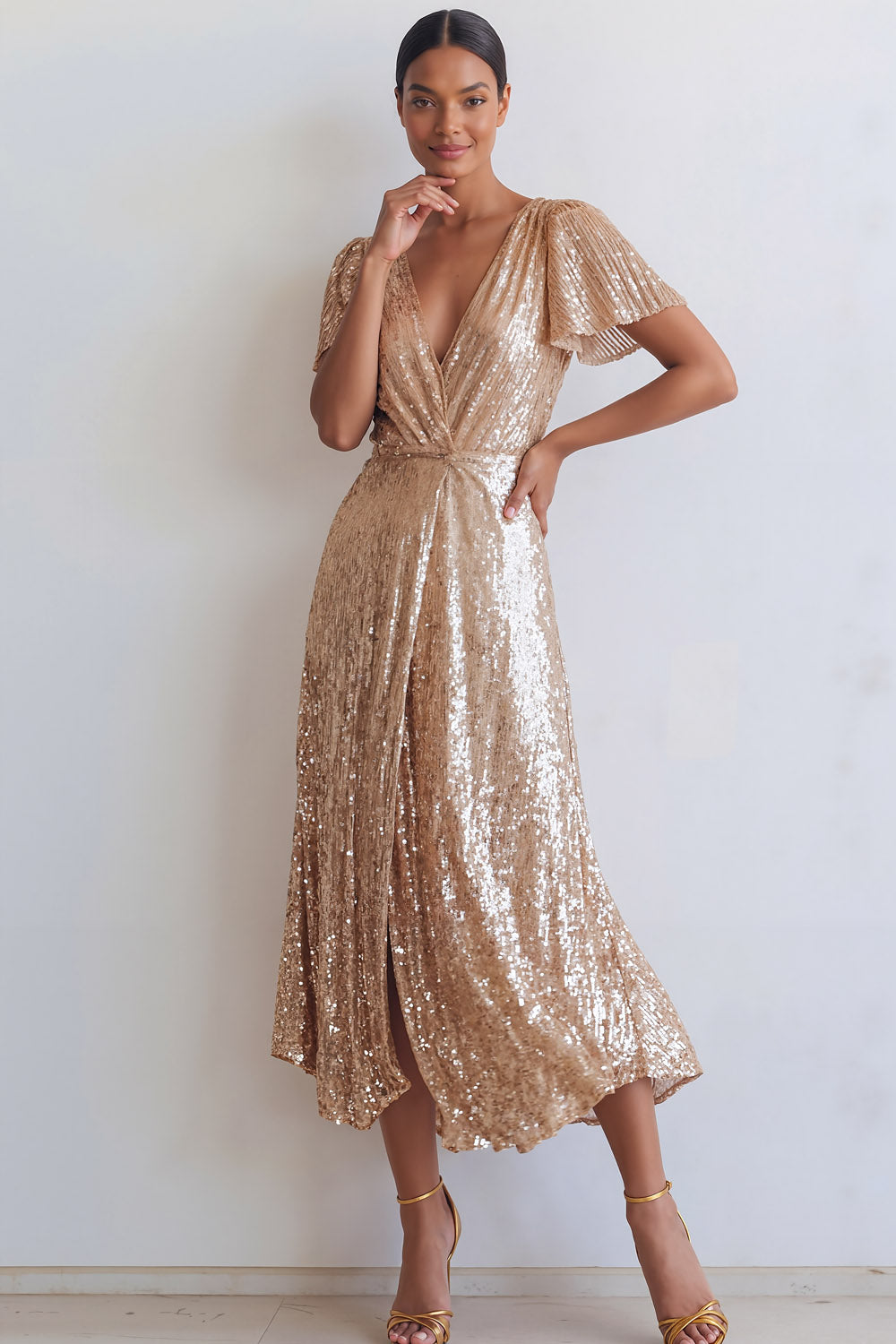 Sparkly Sequined Champagne A Line V Neck Long Formal Dress