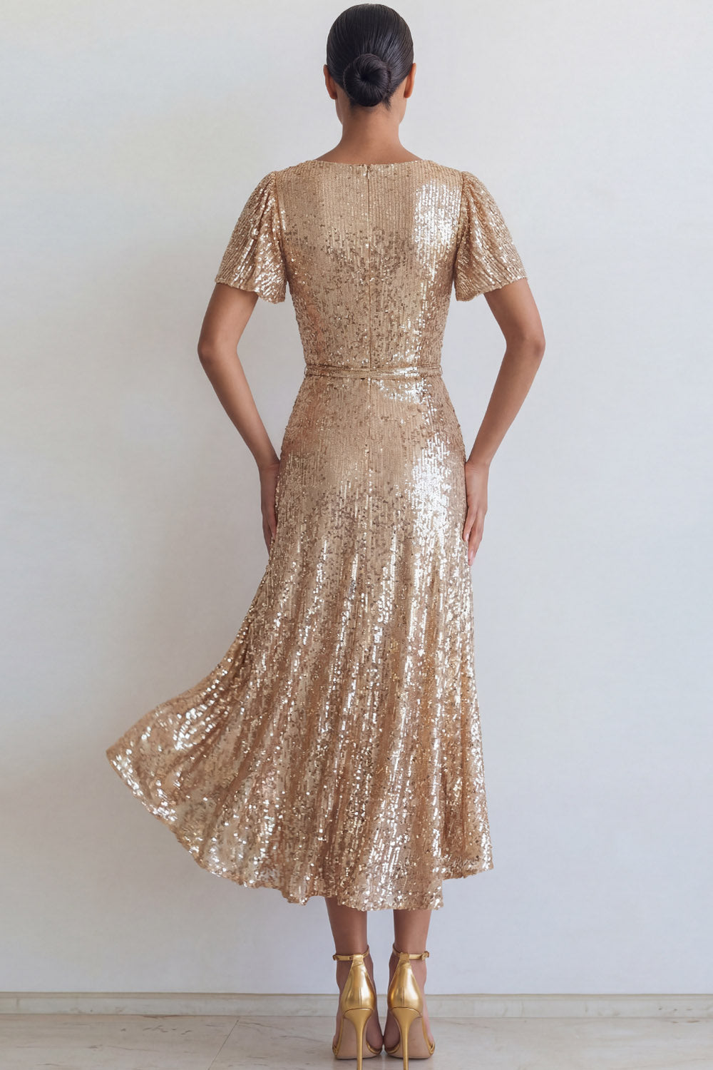 Sparkly Sequined Champagne A Line V Neck Long Formal Dress