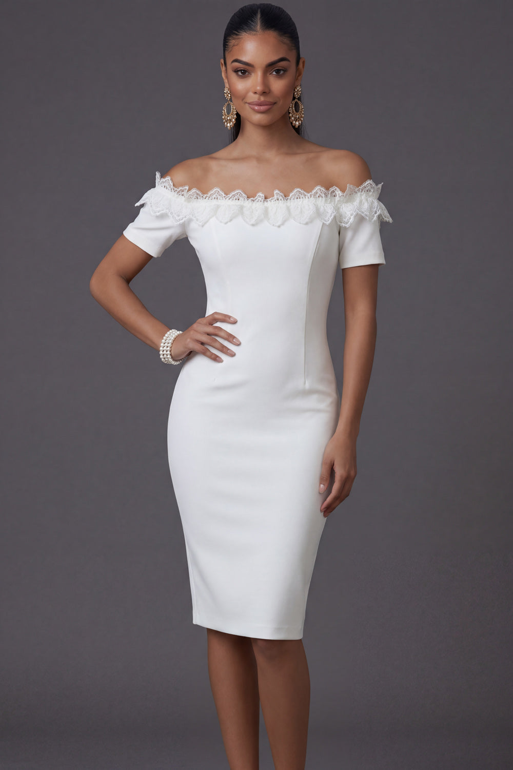 White Off the Shoulder Ruffled Bodycon Short Bridal Shower Dress