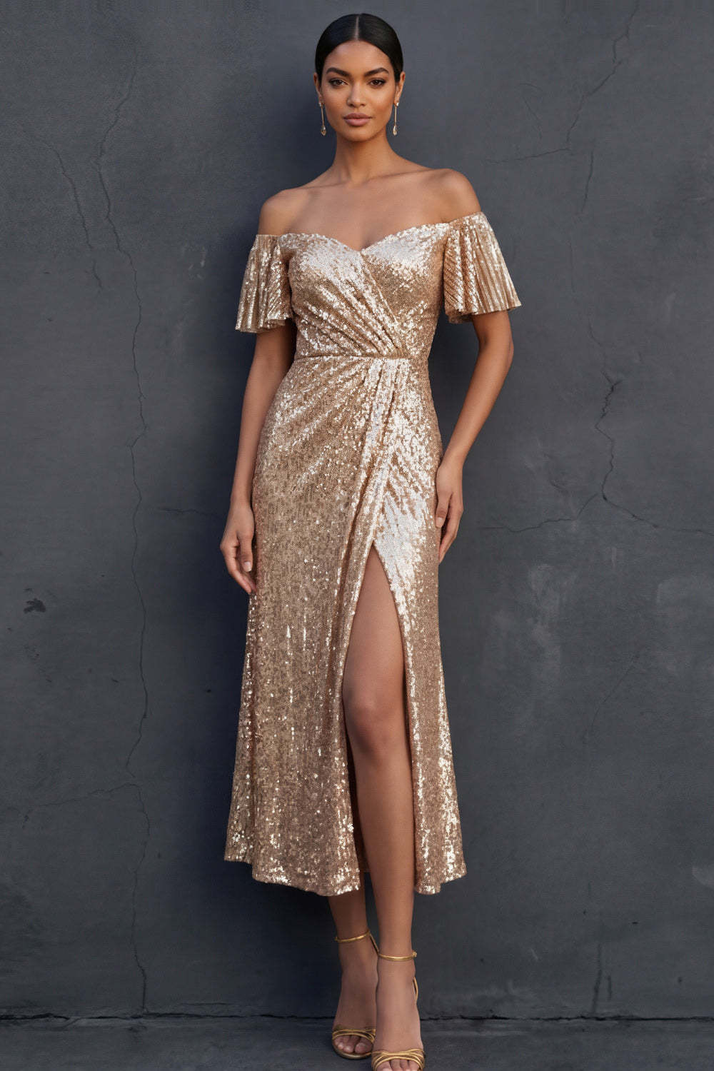 Leely Women Champagne Sparkly Sequined A Line Midi Formal Dress with Slit Off the Shoulder Backless Sleeveless Wedding Guest Dress