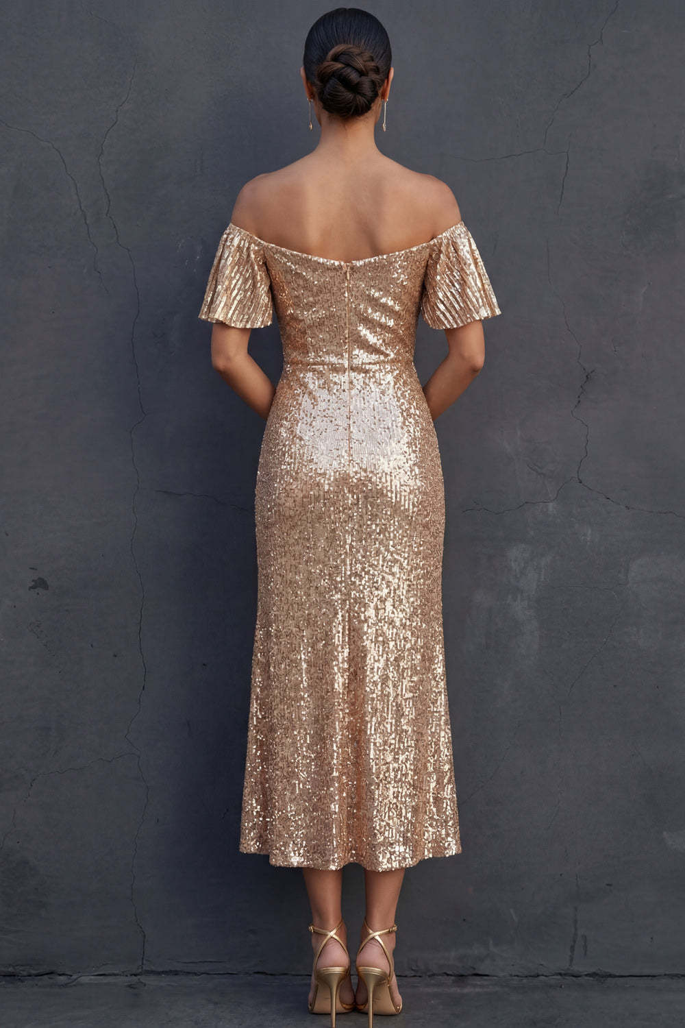 Champagne Sparkly Sequined A Line Off the Shoulder Midi Formal Dress with Slit