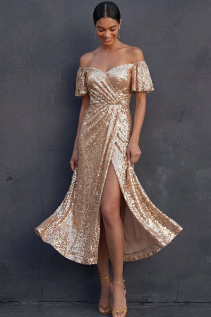 Champagne Sparkly Sequined A Line Off the Shoulder Midi Formal Dress with Slit