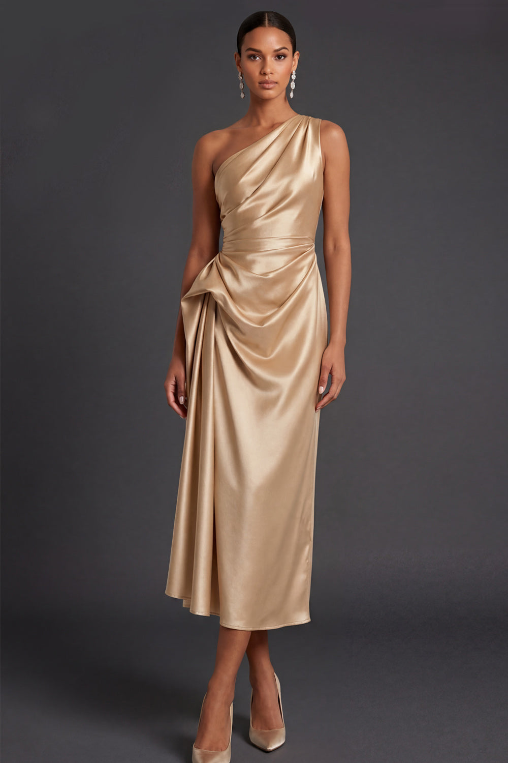 Champagne Sheath Ruched One Shoulder Midi Formal Dress with Cape