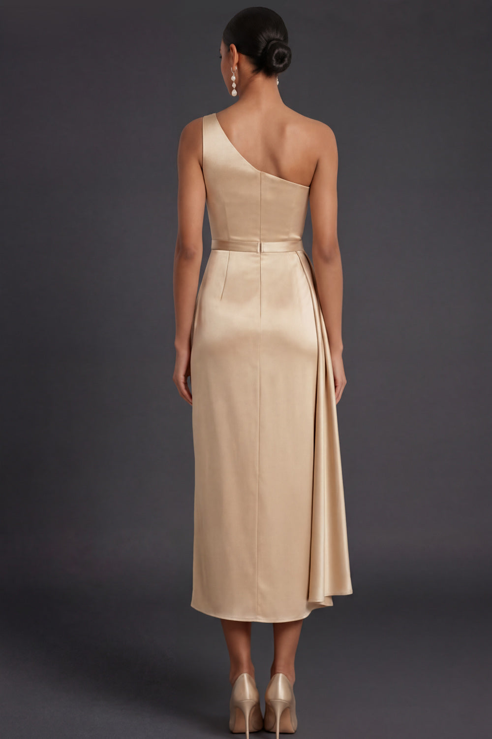 Champagne Sheath Ruched One Shoulder Midi Formal Dress with Cape
