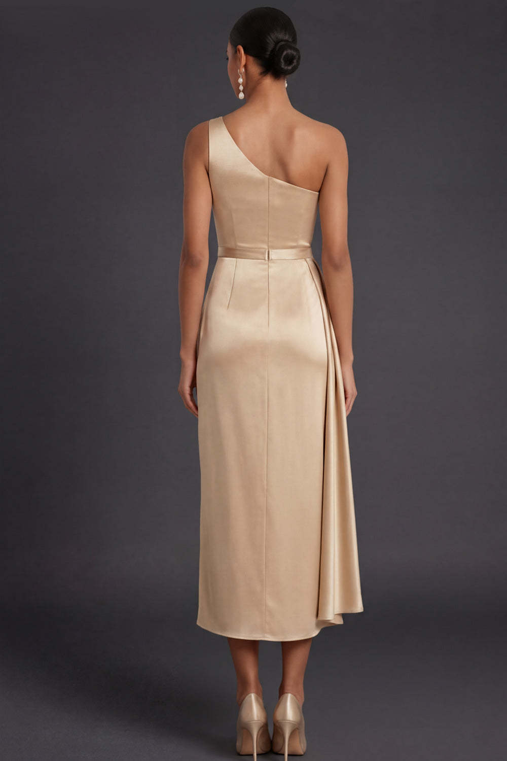 Champagne Sheath Ruched One Shoulder Midi Formal Dress with Cape