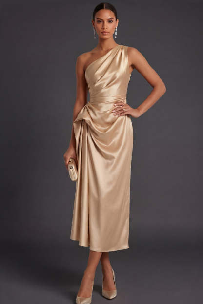 Champagne Sheath Ruched One Shoulder Midi Formal Dress with Cape