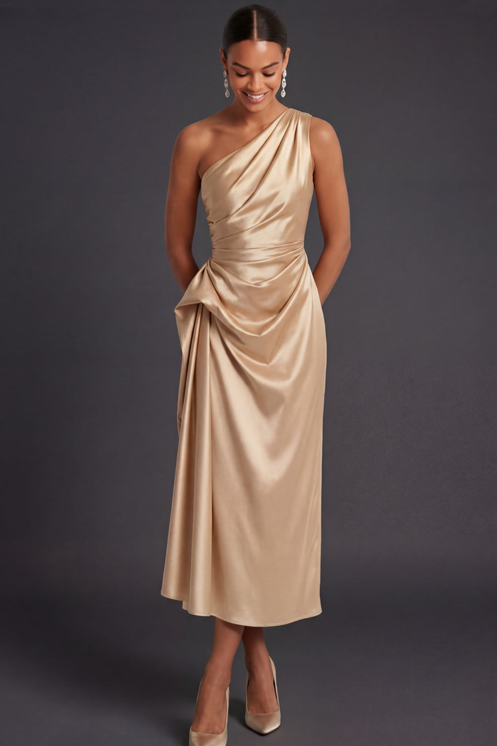 Leely Women Champagne Sheath Ruched Midi Formal Dress with Cape One Shoulder Backless Sleeveless Wedding Guest Dress