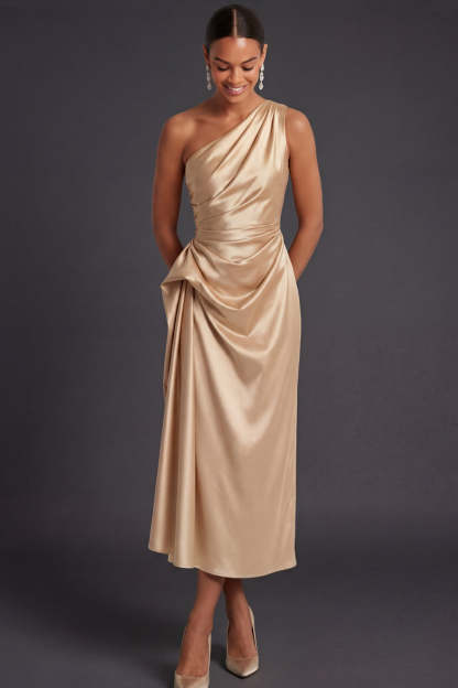Leely Women Champagne Sheath Ruched Midi Formal Dress with Cape One Shoulder Backless Sleeveless Wedding Guest Dress