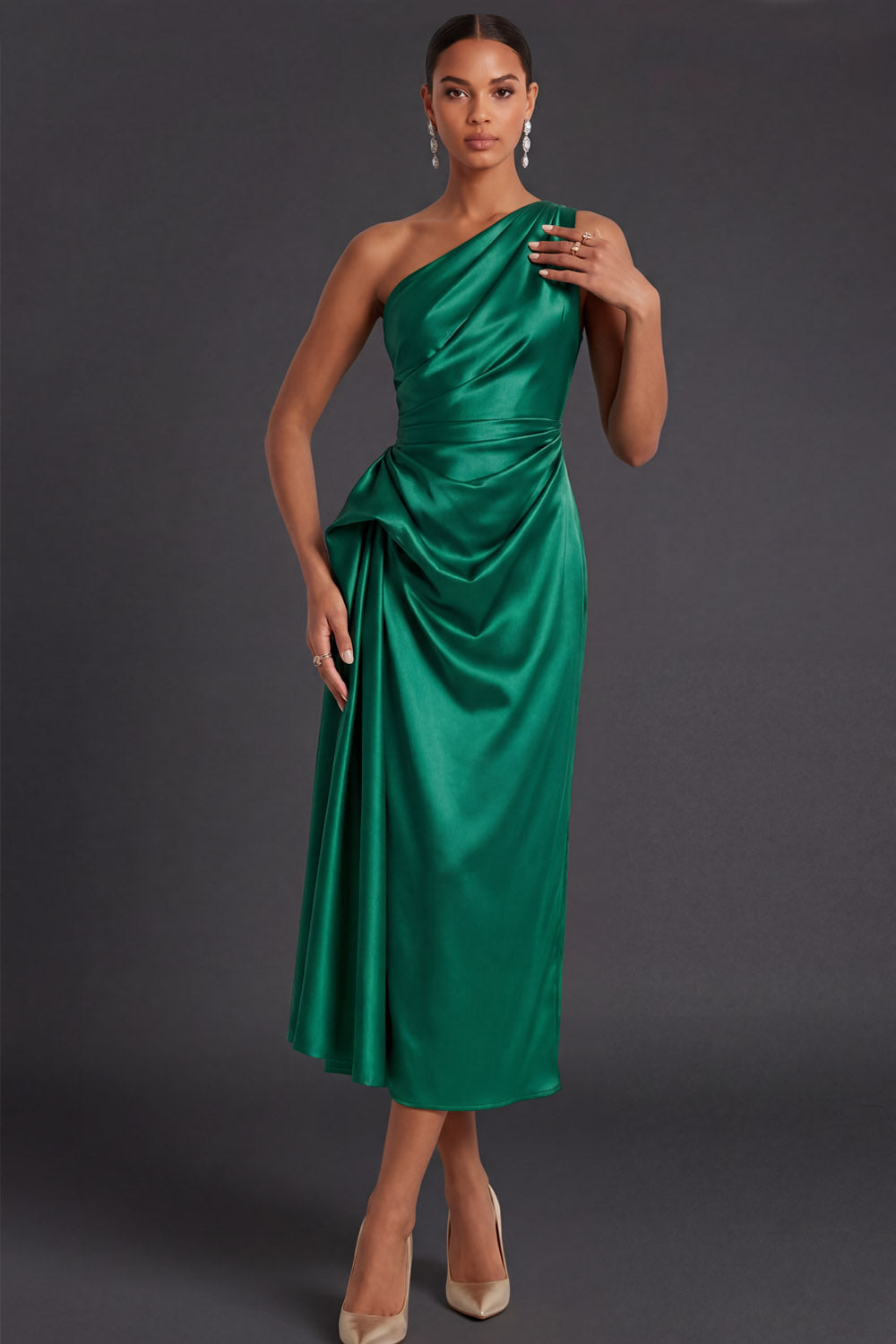 Champagne Sheath Ruched One Shoulder Midi Formal Dress with Cape