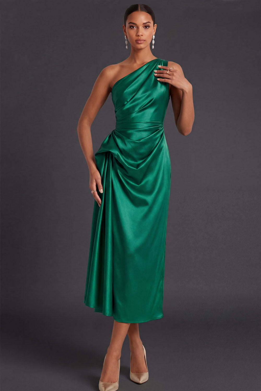 Champagne Sheath Ruched One Shoulder Midi Formal Dress with Cape