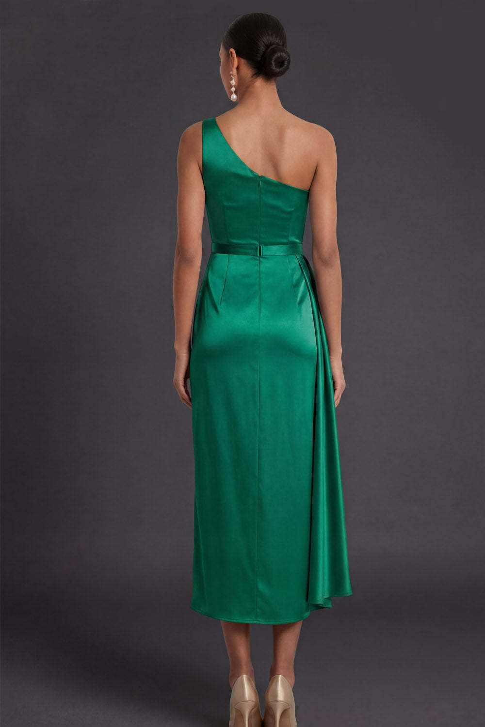 Champagne Sheath Ruched One Shoulder Midi Formal Dress with Cape