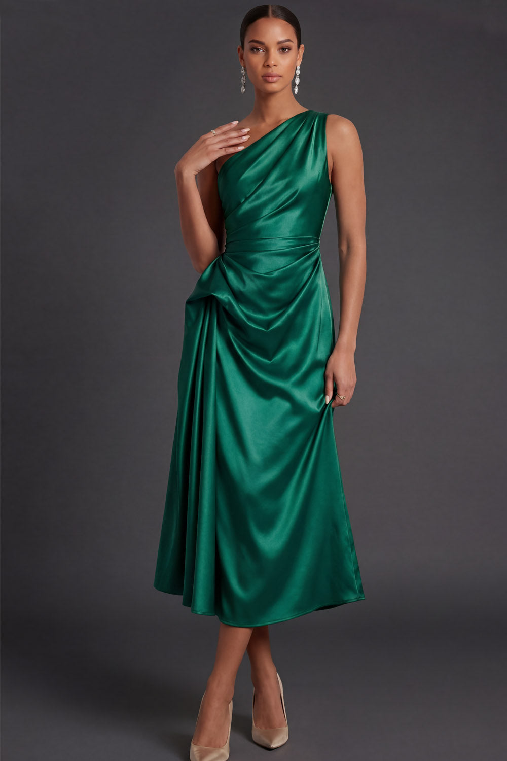 Champagne Sheath Ruched One Shoulder Midi Formal Dress with Cape