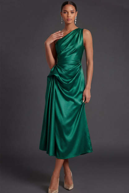 Champagne Sheath Ruched One Shoulder Midi Formal Dress with Cape