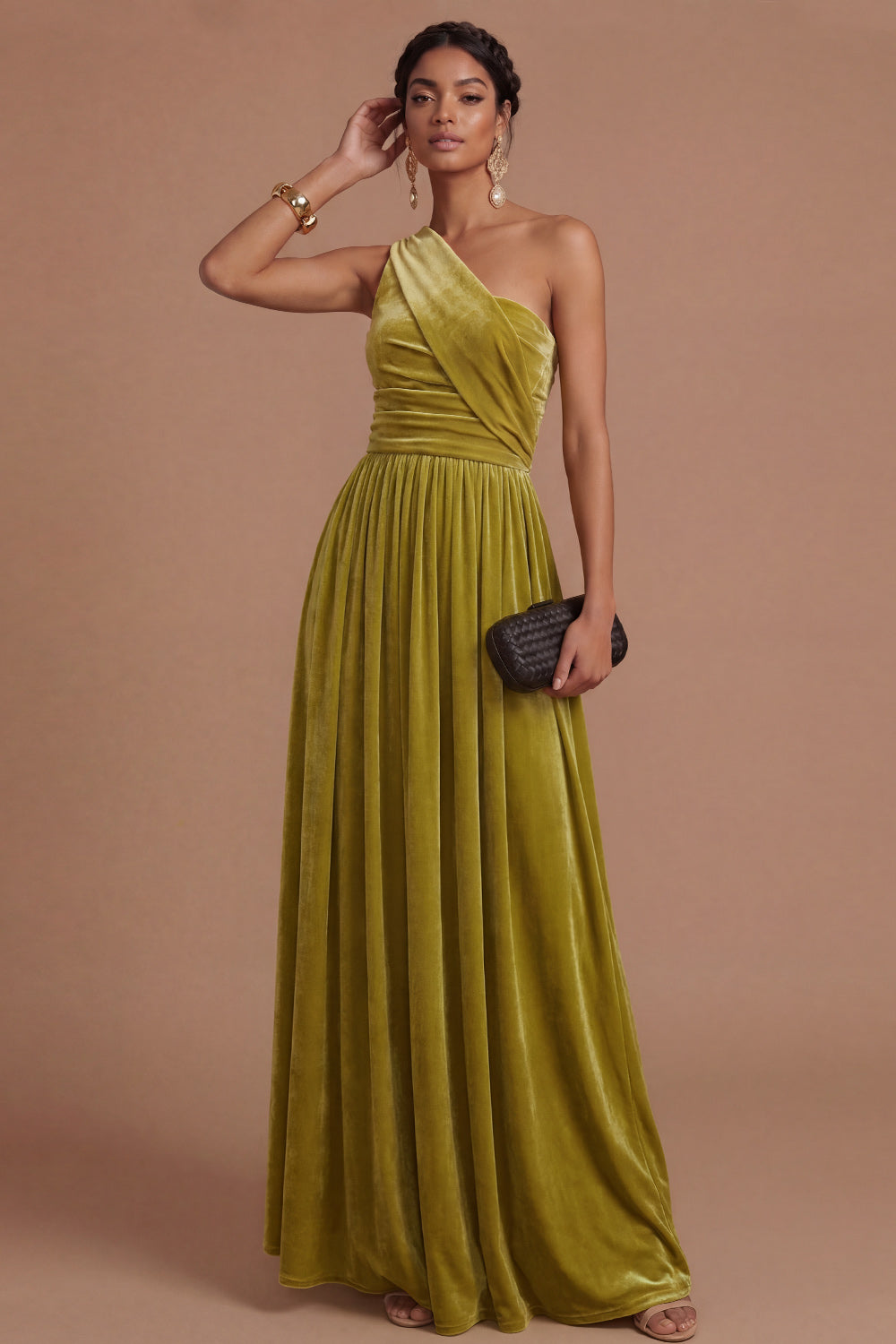 Leely Women Dark Yellow Sheath One Shoulder Long Formal Dress Ruched Backless Sleeveless Wedding Guest Dress