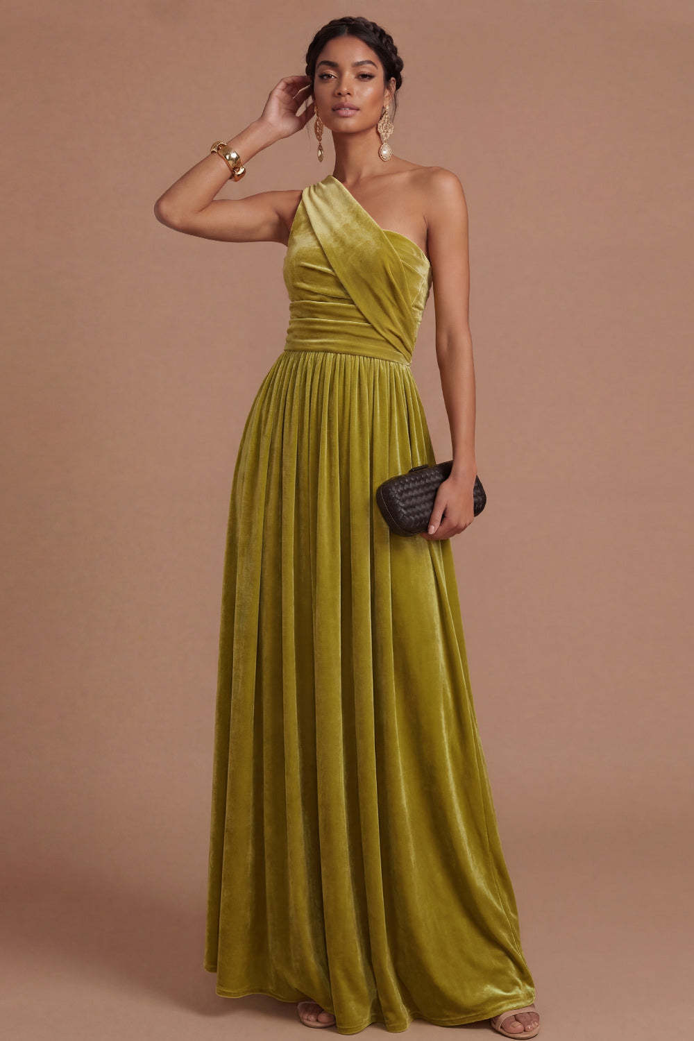 Leely Women Dark Yellow Sheath One Shoulder Long Formal Dress Ruched Backless Sleeveless Wedding Guest Dress