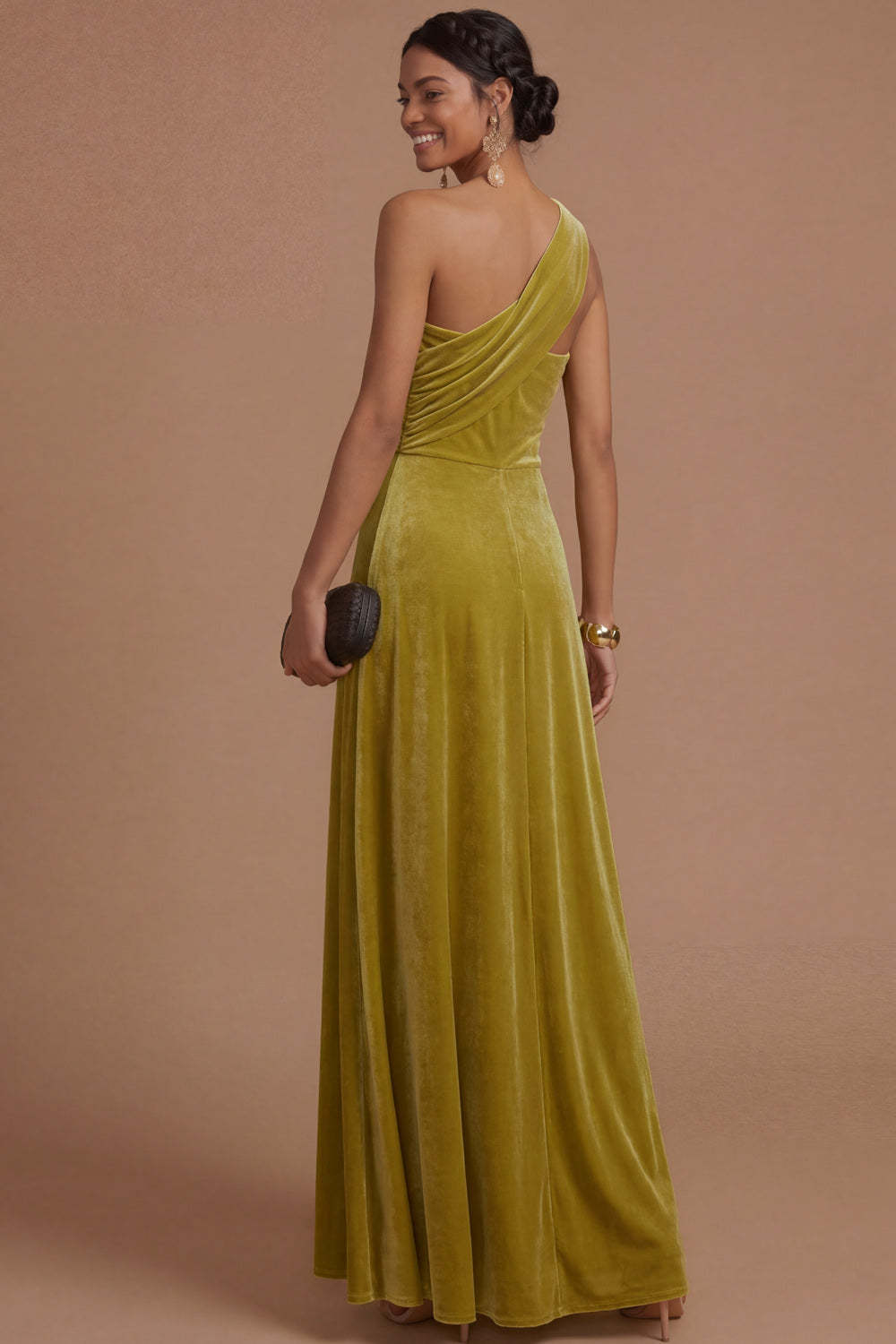 Dark Yellow Sheath One Shoulder Ruched Long Formal Dress