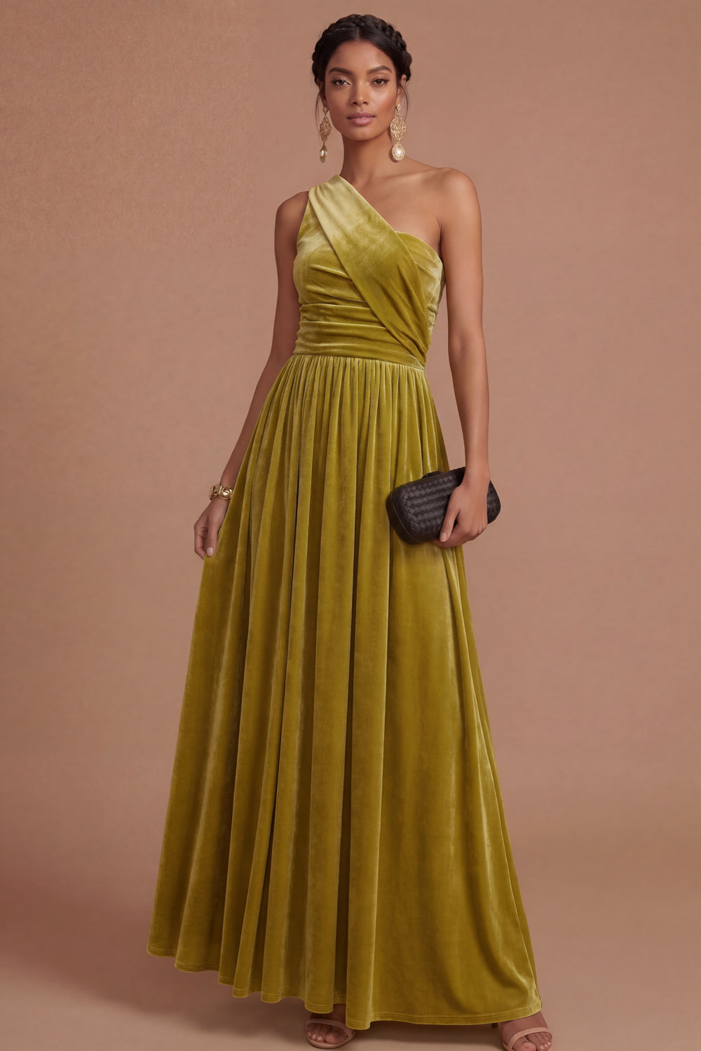 Dark Yellow Sheath One Shoulder Ruched Long Formal Dress