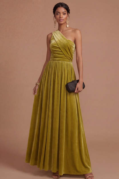 Dark Yellow Sheath One Shoulder Ruched Long Formal Dress