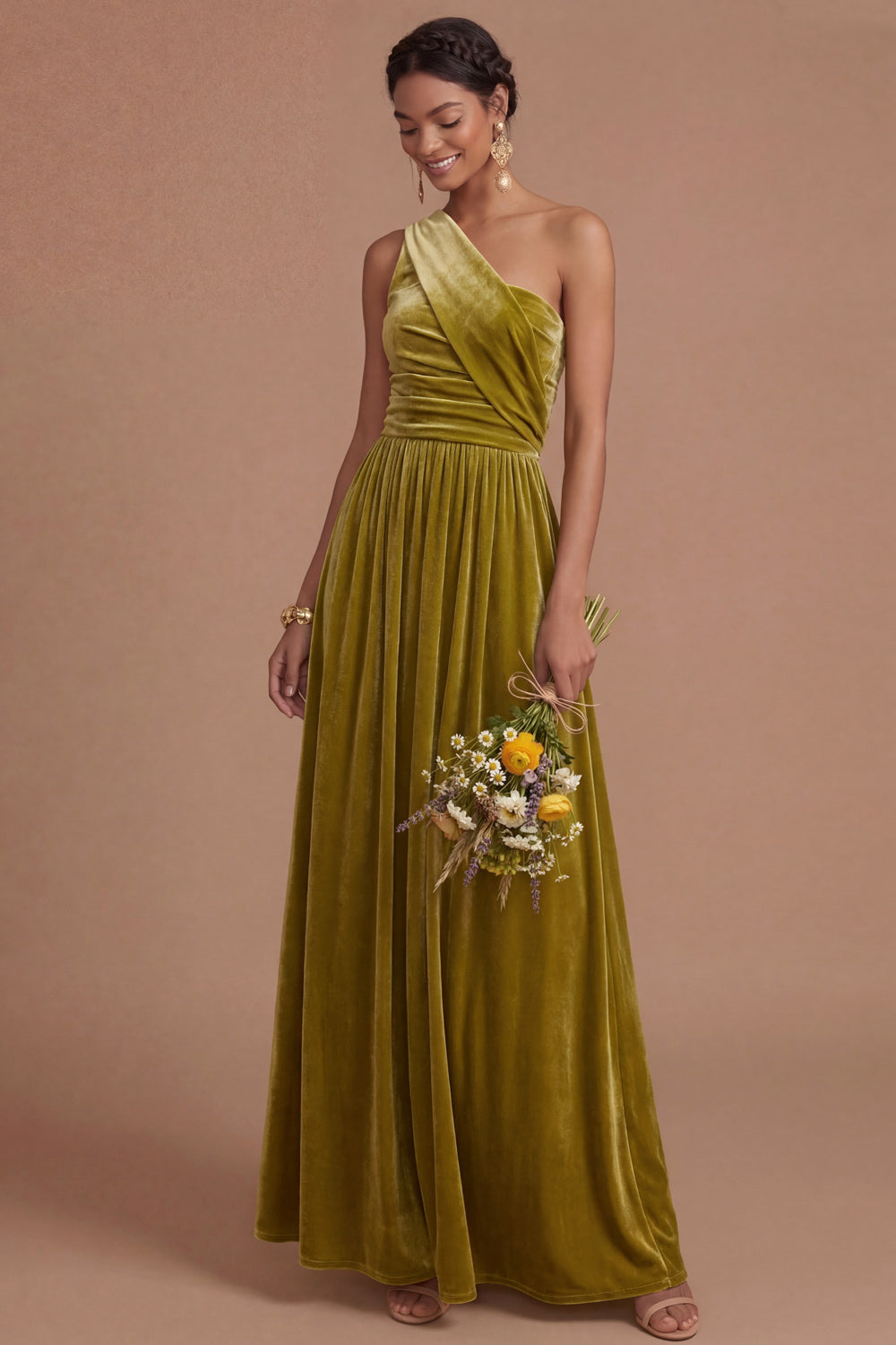 Dark Yellow Sheath One Shoulder Ruched Long Formal Dress