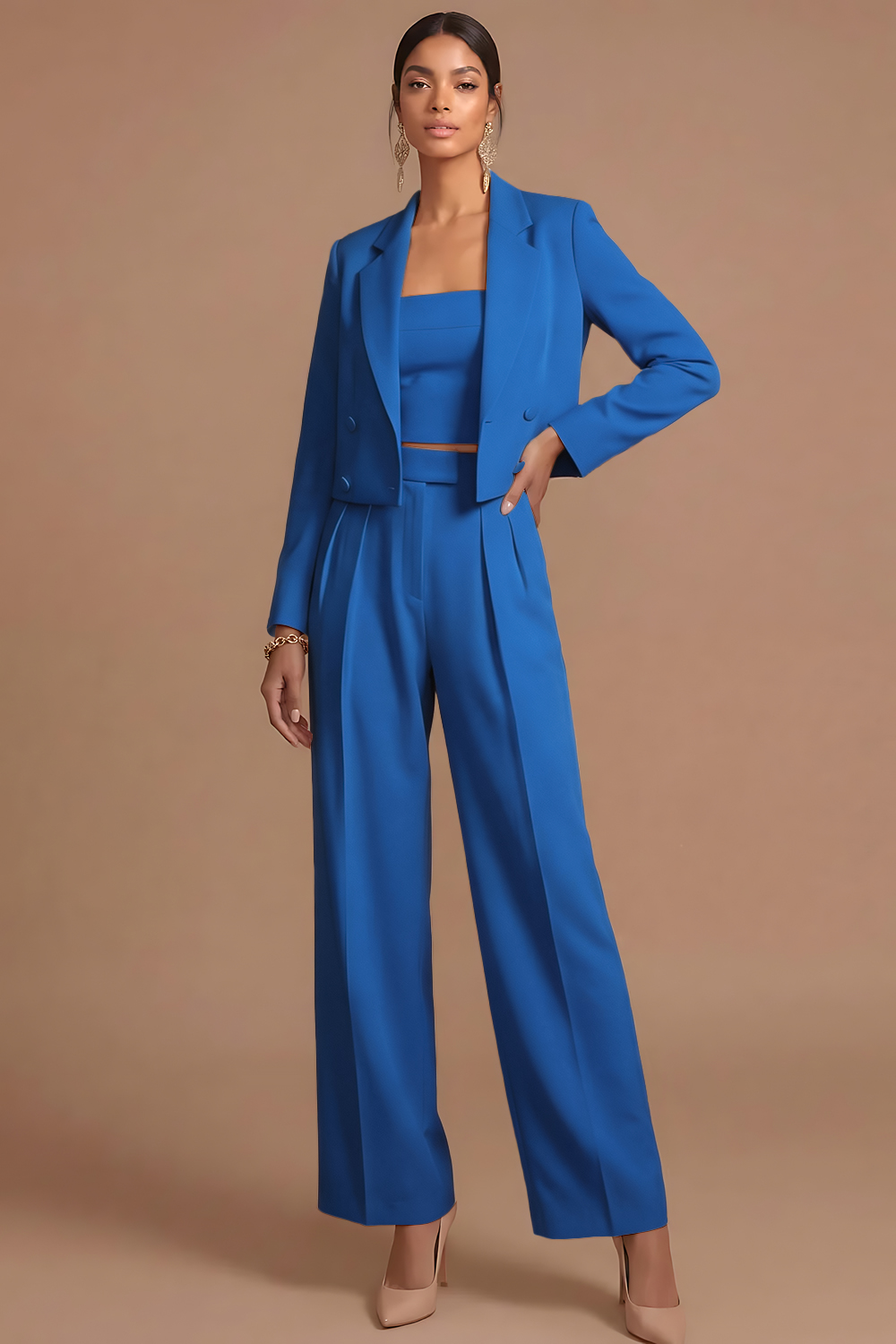 Peak Lapel Long Sleeves Lake Blue 2 Piece Business Suits