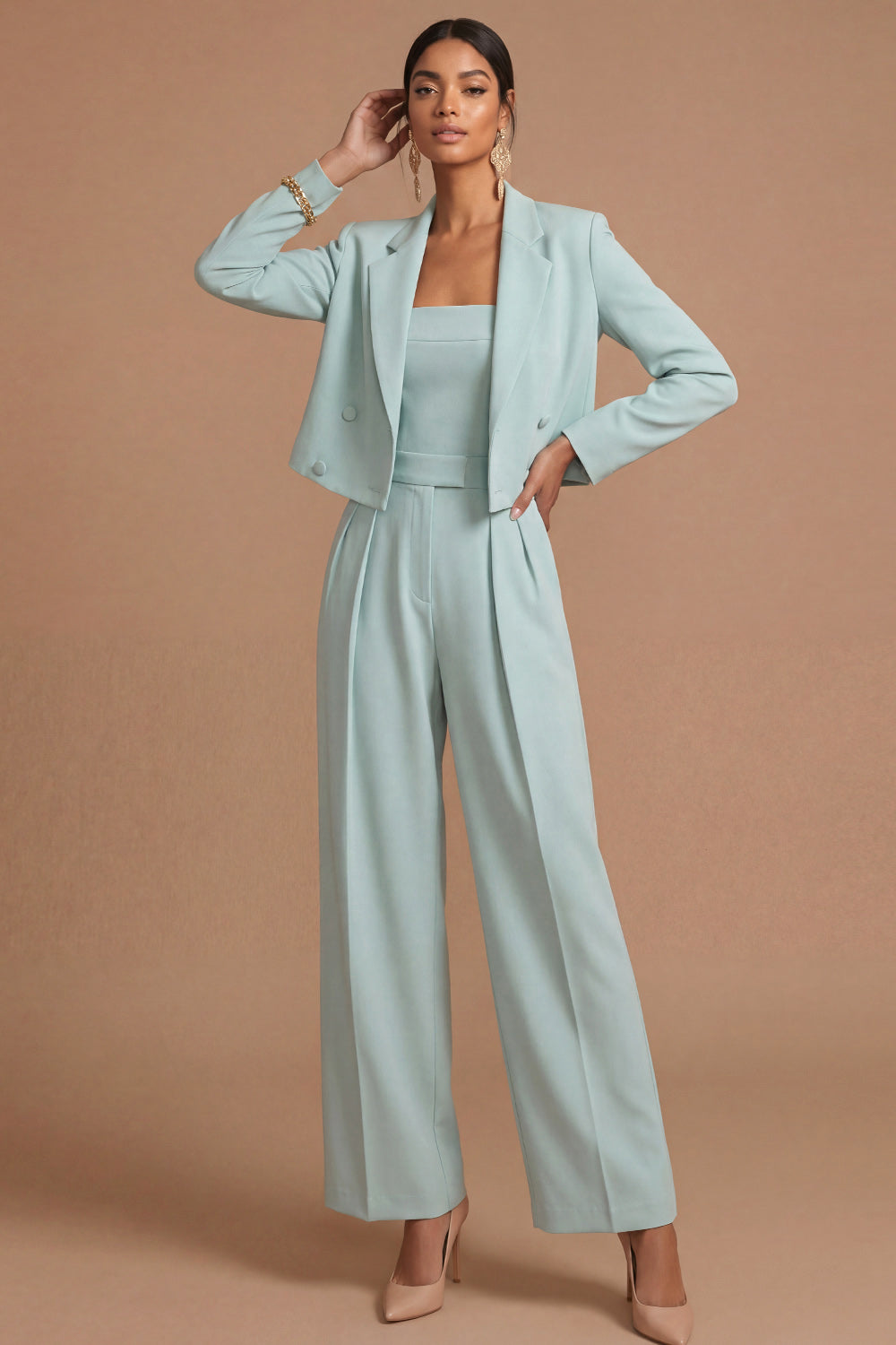 Peak Lapel Long Sleeves Lake Blue 2 Piece Business Suits