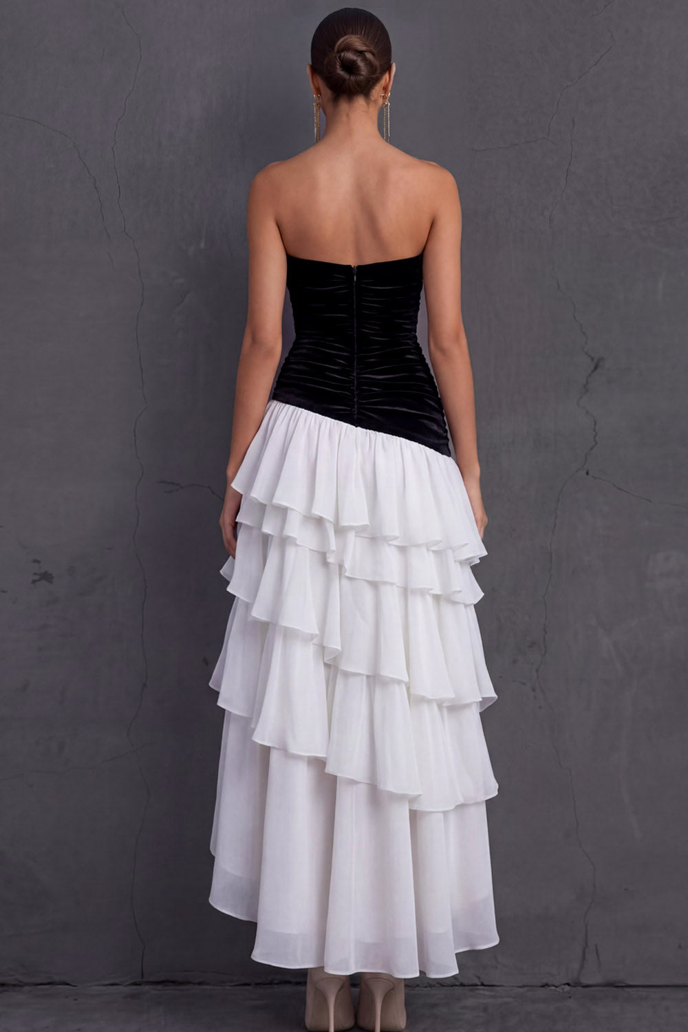 Black Strapless A Line Ruffled Tiered Midi Wedding Guest Dress with Slit