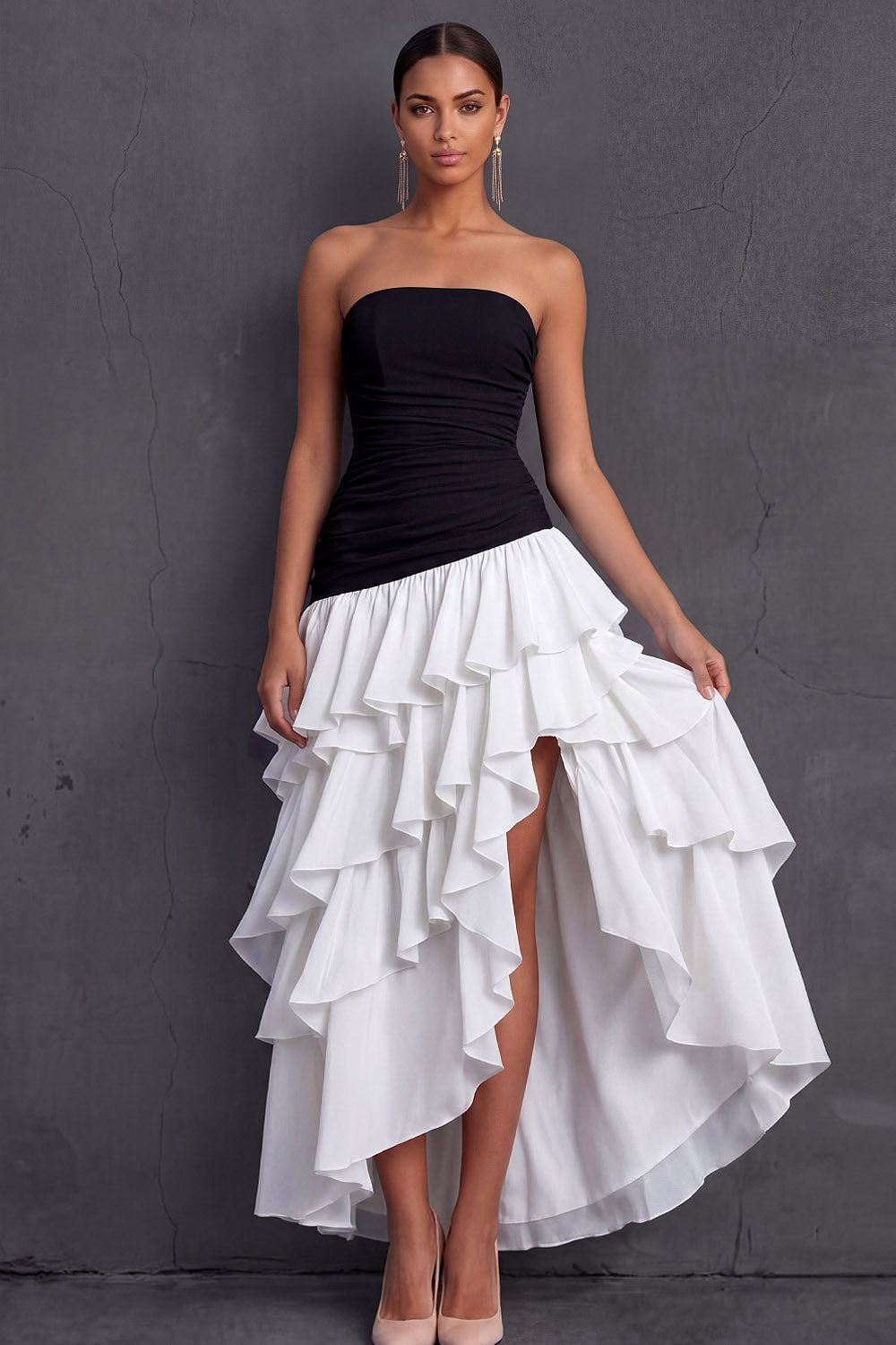 Black Strapless A Line Ruffled Tiered Midi Wedding Guest Dress with Slit