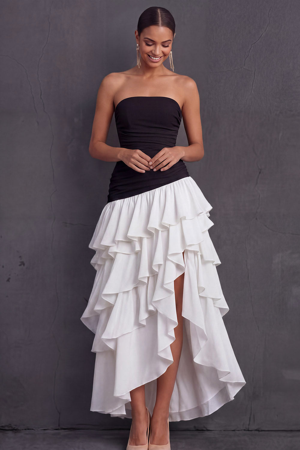 Black Strapless A Line Ruffled Tiered Midi Wedding Guest Dress with Slit